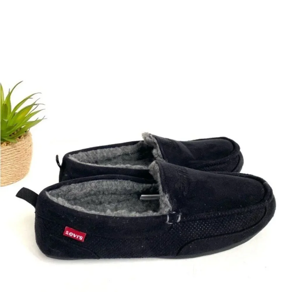 Levi’s Men’s Moccasin Slippers Fleece Lined Black Cozy Indoor Shoes Size 8–9